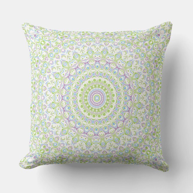 Almofada Mandala Fresca de Primavera em Verde, Azul e Lavan (Frente)