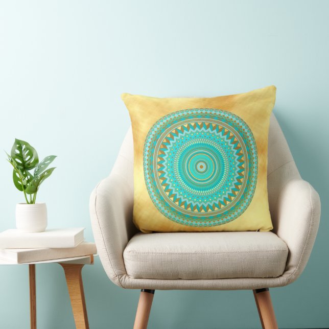 Almofada Mandala Íris azul marrom dourado em Fundo Dourado  (Cadeira)