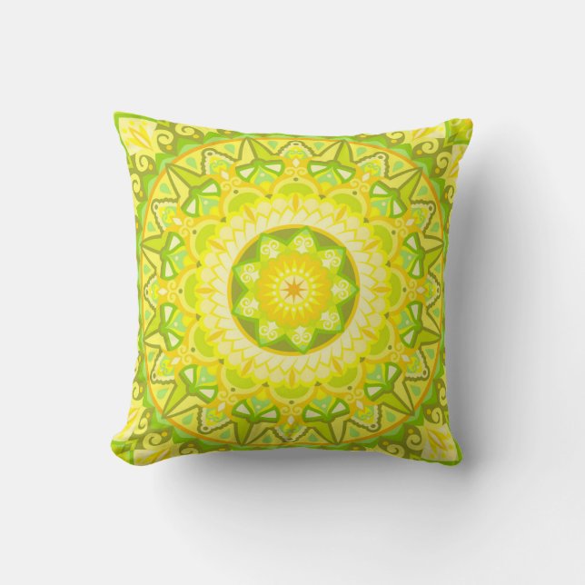 Almofada Mandalá Primavera Verde Amarelo Floral Boho (Frente)