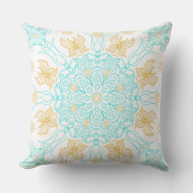 Almofada Mandala Teal e Dourado com Borboleta (Frente)