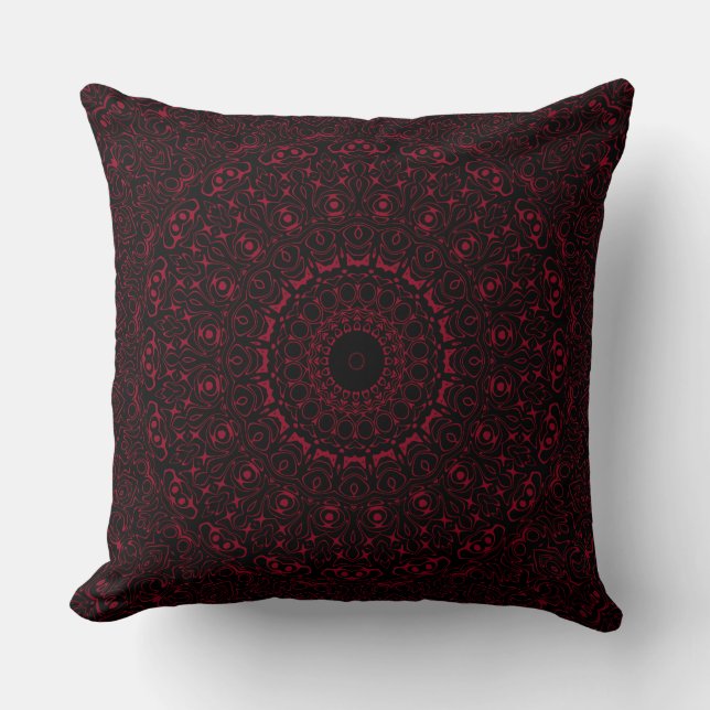 Almofada Mandalá Vermelho Borgonha com Simetria Ornamental (Frente)