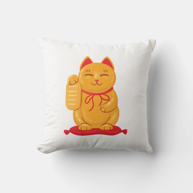 Almofada Maneki Neko Dourado Cat, Símbolo de Riqueza (Frente)