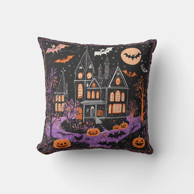 Almofada Mansão Assombrada Morcegos Abóbora de Halloween De (Frente)