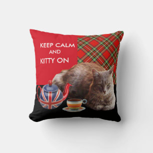 ALMOFADA "MANTENHA A CALMA E O GATINHO LIGADOS", RED TARTAN