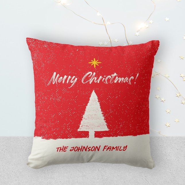 Almofada Manuscrito de Pincel Branco Vermelho da Árvore de  (Merry Christmas Tree Star Red White Brush Script Throw Pillow ©Susanne Sachers - Sunny Mind Design)