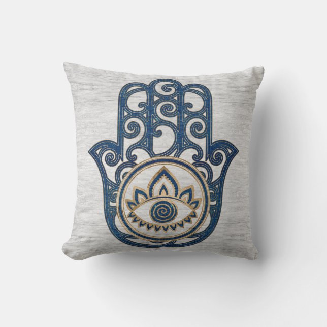 Almofada Mão de Hamsa - mão da madeira do azul de Fatima (Frente)