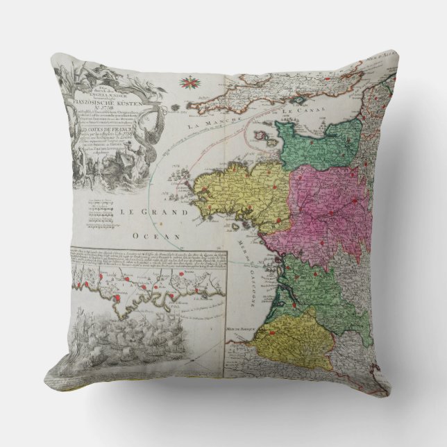 Almofada Mapa alemão que mostra ataques navais ingleses no (Frente)