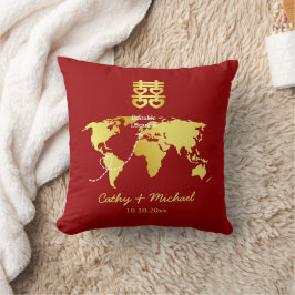 Almofada Mapa de destino vermelho e dourado casamento chinê