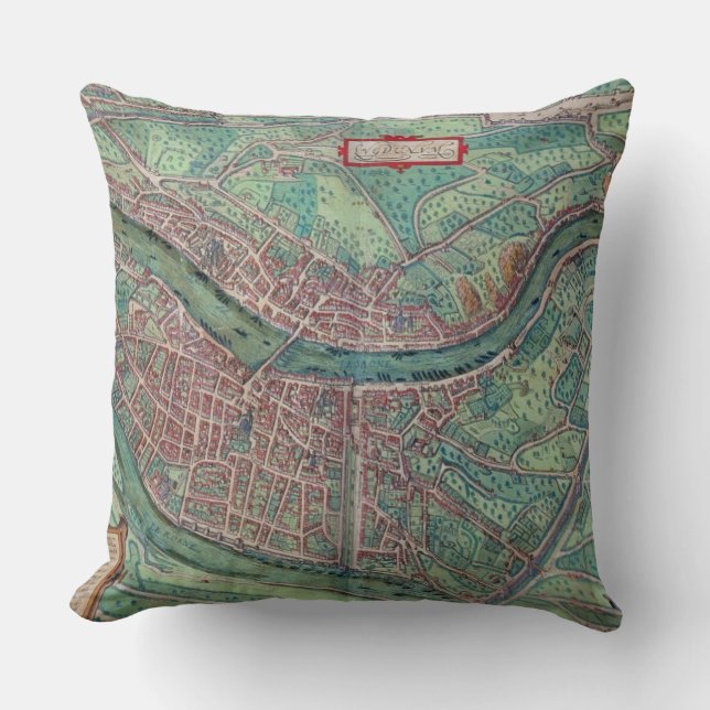 Almofada Mapa de Lyon, de "Civitates Orbis Terrarum" pelo (Frente)