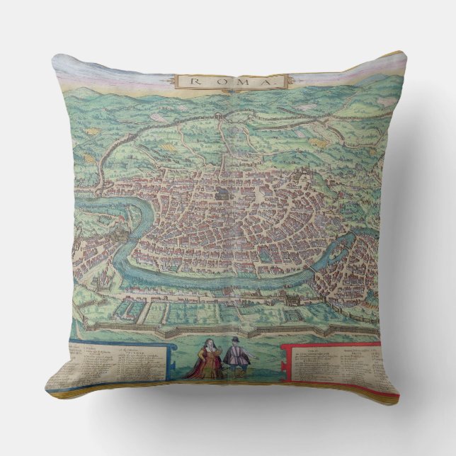 Almofada Mapa de Roma, de "Civitates Orbis Terrarum" pelo (Frente)