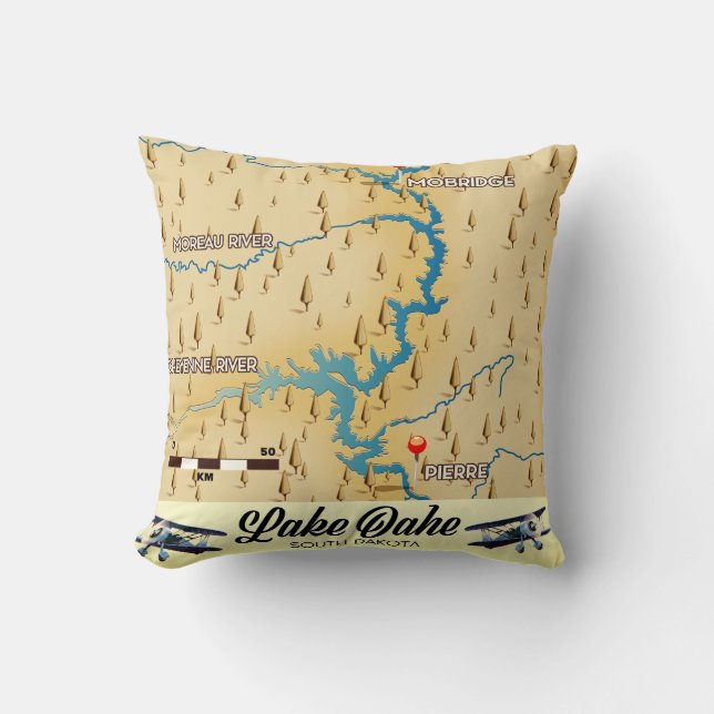 Almofada Mapa do Lago Oahe Dakota do Sul (Frente)