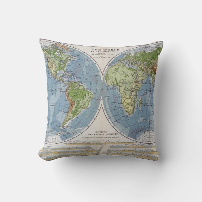 Almofada Mapa do mundo que mostra alturas da profundidade (Frente)