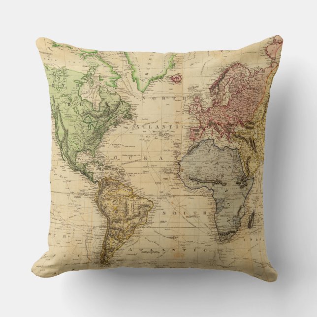 Almofada Mapa do vintage do mundo (1831) (Frente)