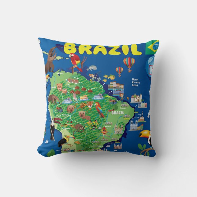 Almofada Mapa dos desenhos animados de Brasil (Frente)