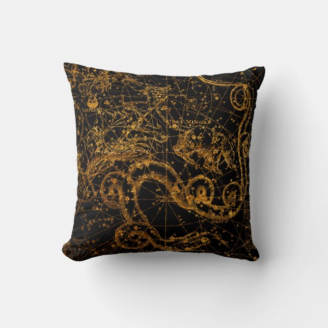 Almofada Mapa Estelar Celestial Astrológico Dourado Draco D (Frente)