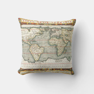 Almofada Mapa Mundial Antigo por Abraham Ortelius 1587–1595