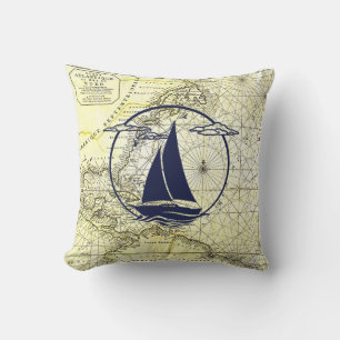 Almofada Mapa náutico antigo/veleiro/silhueta/azul marinho