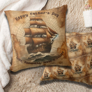 Almofada Mapa náutico Vintage Sepia e navio à vela
