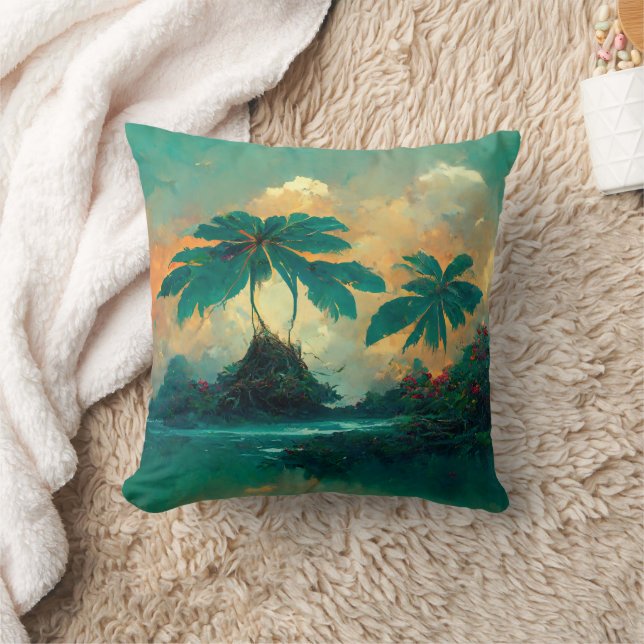 Almofada Mar de Fantasia Tropical e Palmeiras (Cobertor)