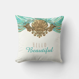 Almofada Mar & Verde Teal Concha Glam Praia Elegante Person