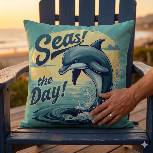 Almofada Marcha no dia da estética do golfinho retrógrado (Seas the Day Retro Dolphin Ocean Aesthetic Throw Pillow Mockup D)