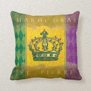 Almofada Mardi Gras Crown Dourado Nome da Família Roxo Mon
