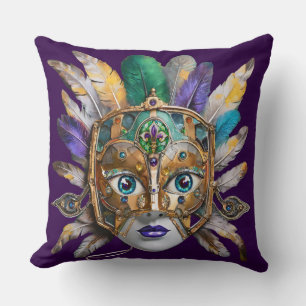 Almofada Mardi Gras Feather e Metal Mask