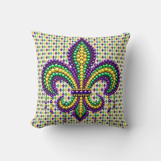 Almofada Mardi Gras fleur de lis, verde-púrpura (Frente)