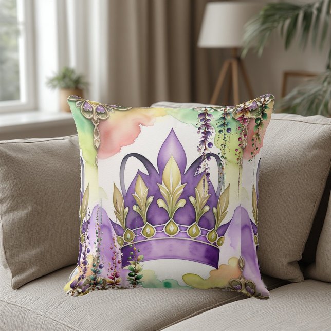 Almofada Mardi Gras Roxo Coroa Verde & Dourado Aquarela (Mardi Gras Purple Crown Green & Gold Watercolor Throw Pillow)