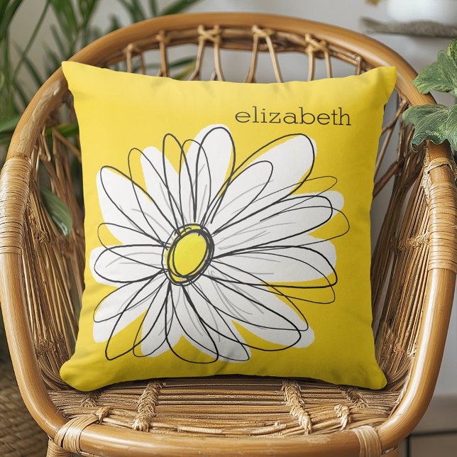 Almofada Margarida Branca e Amarela com Texto Personalizado (Whimsical Daisy Pillow)