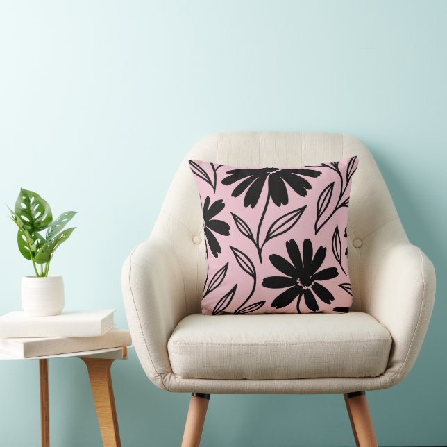 Almofada Margaridas de Tinta Preta Rosa Boho  (Cadeira)