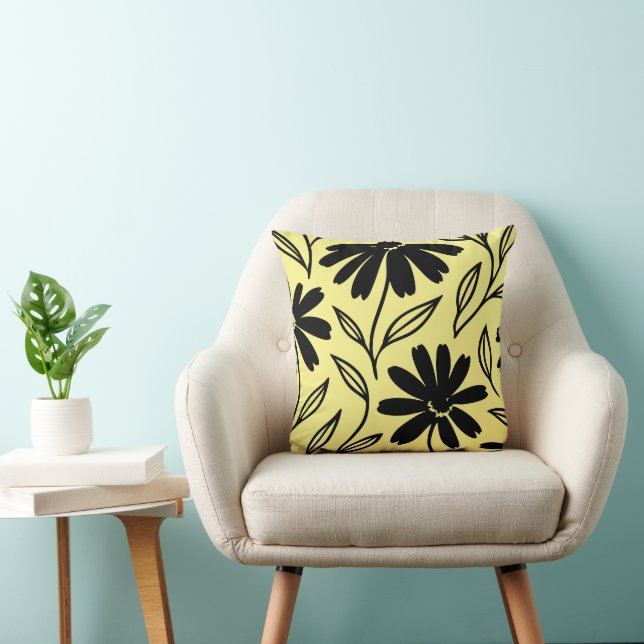 Almofada Margaridas Tinta Preta Boho Amarelo (Cadeira)