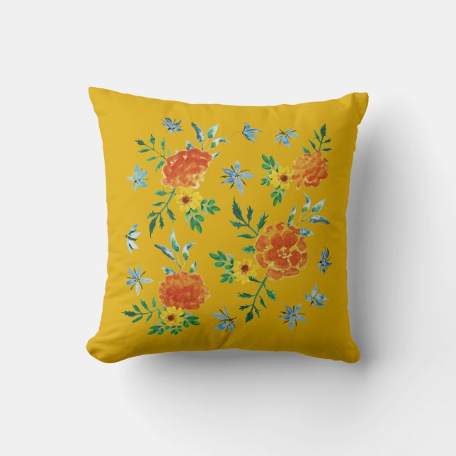 Almofada Marigold e Borage Flowers em Amarelo-Mostarda (Frente)