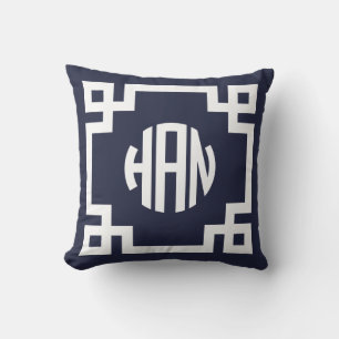 Almofada Marinho Azul e Branco Círculo-Chave Grego Monogram