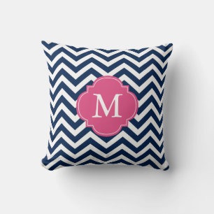 Almofada Marinho Azul Fuschia Zigzag Padrão Monograma