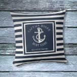 Almofada Marinho Azul Personalizado Capitão Âncora Náutica<br><div class="desc">Design náutica com âncora,  riscas na moda,  azuis e brancas e personalizadas com o nome,  o nome e a localização do capitão do navio. Projetado por Thisnotme©</div>