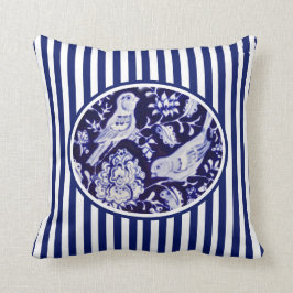 Almofada Marinho Blue & White Chinoiserie Birds Floral Stri