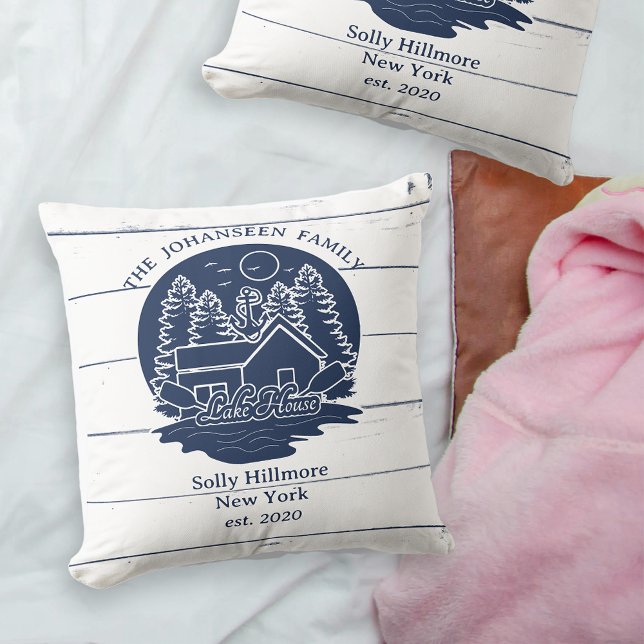 Almofada Marinho Blue White Rustic Wood Lake House (Criador carregado)