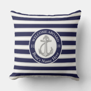 Almofada Marinho Branco Blue Stripe Boat Name Anchor Welcom