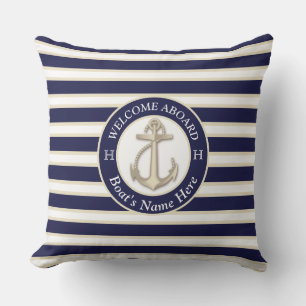 Almofada Marinho Branco Blue Stripe Boat Name Anchor Welcom