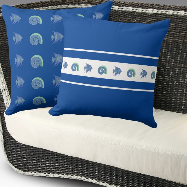 Almofada Marinho Chic Blue Strips Shell Fish Beach House (Criador carregado)