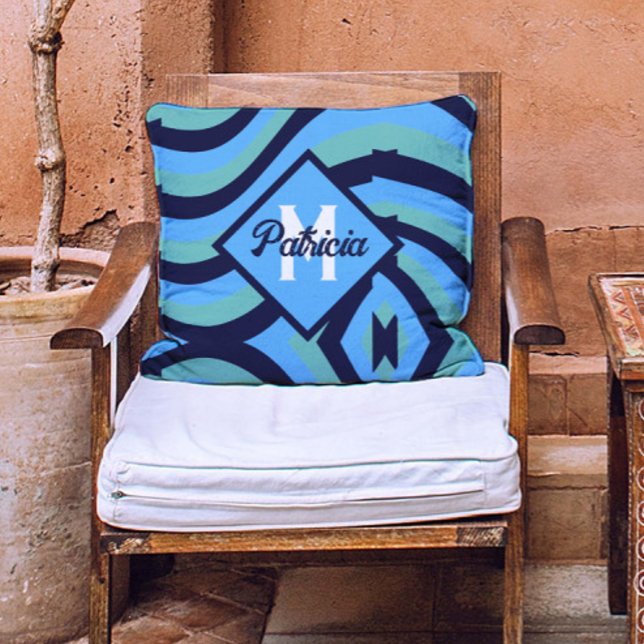 Almofada Marinho de safra monograma, psicodélico azul e lac (Criador carregado)
