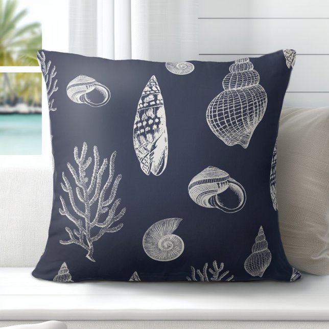 Almofada Marinho de Shell Costeiro Branco Azul (Discover Gorgeous Coastal Throw Pillows by Totally Coast.)
