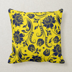 Almofada Marinho Elegante Azul - Damascos Florais Em Amarel