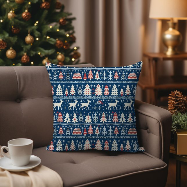 Almofada Marinho Escandinavo Reindedo de Natal Azul Nórdico (Scandinavian Navy Blue Christmas Reindeer Nordic Throw Pillow)