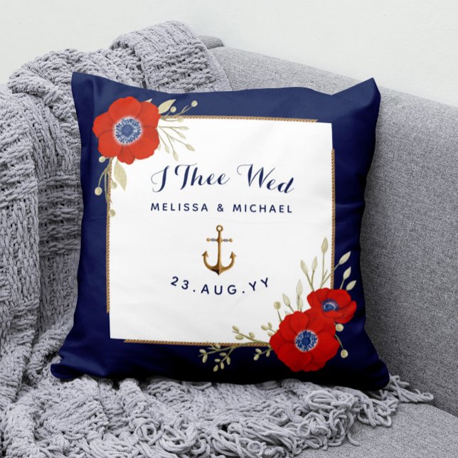 Almofada Marinho Náutico e Barras Anêmonas Vermelhas (Dated Nautical Wedding Ring Bearer Keepsake Pillow with Watercolor Red Anemone and Anchor)