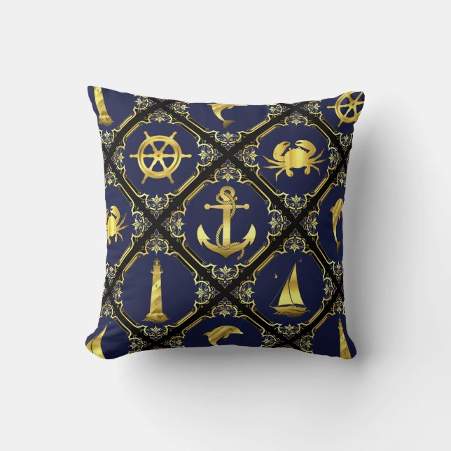 Almofada Marinho/ouro/golfinho/veleiro/âncora/caranguejo (Frente)