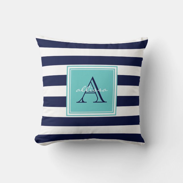 Almofada MARINHO PERSONALIZADO Aqua Monogramed Awning Strik (Frente)