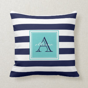 Almofada Marinho PERSONALIZADO Aqua Monogramed Awning Strik