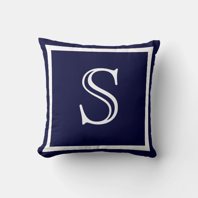 Almofada Marinho Sólido Elegante Monograma Branco Azul (Frente)